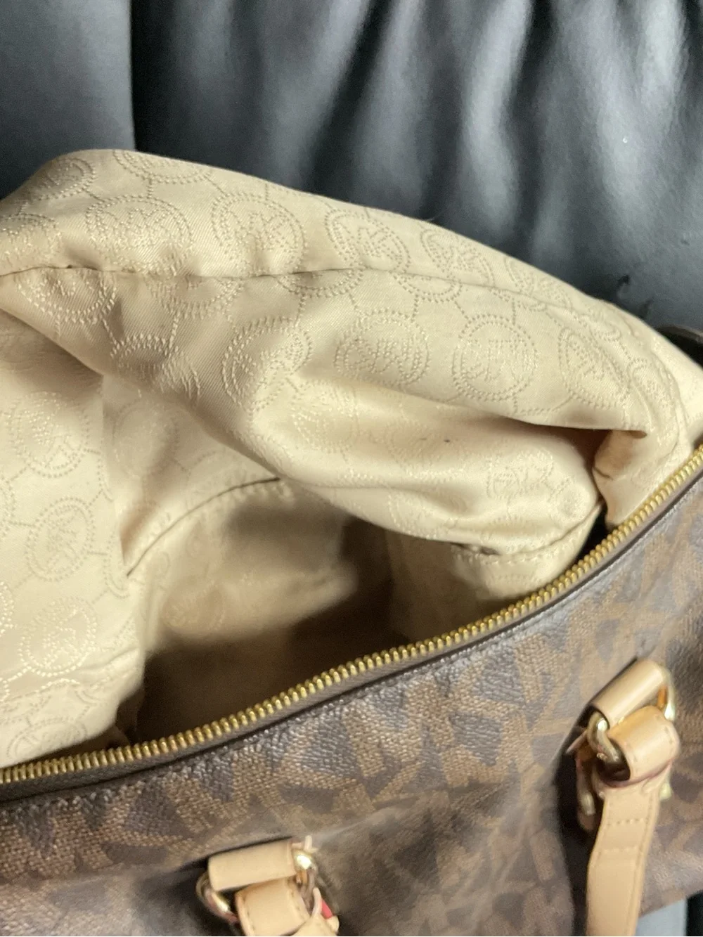 Michael Kors Brown MK Logo Messenger with Tan Trim and Gold Hardware